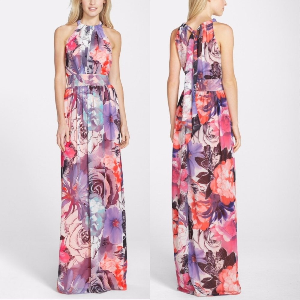 Eliza J Chiffon High Neck Fit & Flare Maxi Dress in Pink Floral